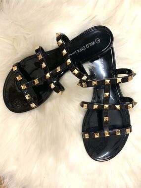 Wild Diva Black Patent Slide Sandals with Gold Studs